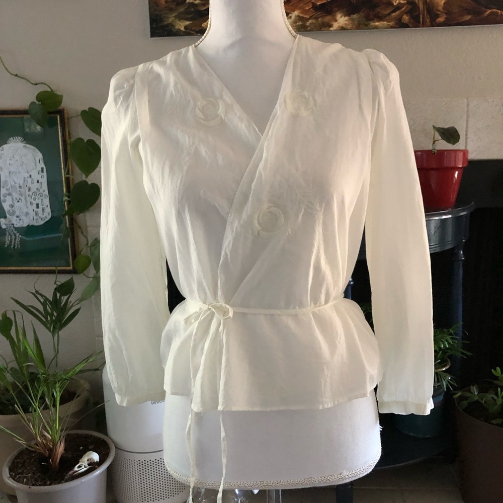 Edwardian Style Embroidered Cotton Wrap Blouse